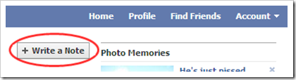 facebook write a note button