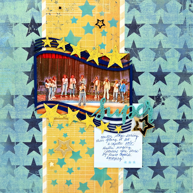 A Capella Performance Mixed Media Scrapbook Layout with Chipboard Star Photo Frame and Stenciled, Stamped and Mirrored Acrylic Stars