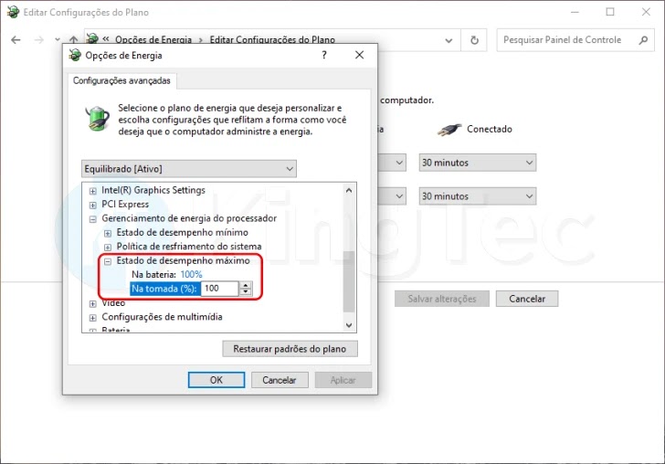 Configurações avançadas de energia nas opções de energia do Windows