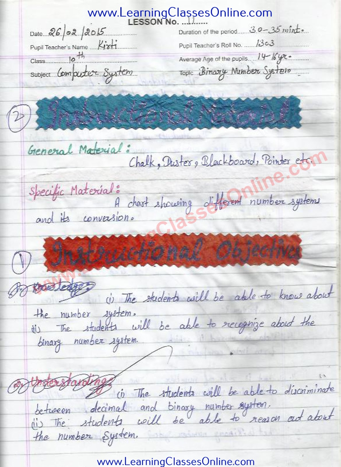 Binary Digit ( Number System) Lesson Plan