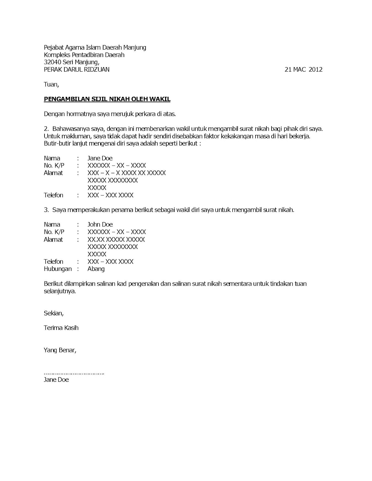 Contoh Surat Wakil