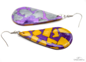 Boucles oreilles pâte polymère tache violet jaune argent Stenna Création