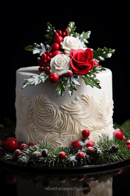 red roses green leaves holly theme Best 50+ Christmas Cakes to Lust After for Your Festive Party Ideas, Buttercream Frosting Holiday Homemade Cake Inspo to DIY. Dessert Ideas for Events