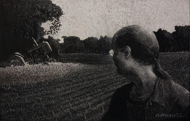 Scratchboard drawing. A middle-aged man looks back over his shoulder at a discarded tractor lurking in a patch of trees by a plowed field of stubble in late afternoon light
