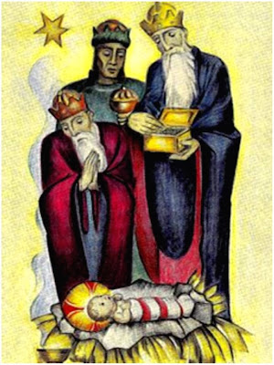 En la imagen los tres Reyes Magos adorando al Niño Jesus.