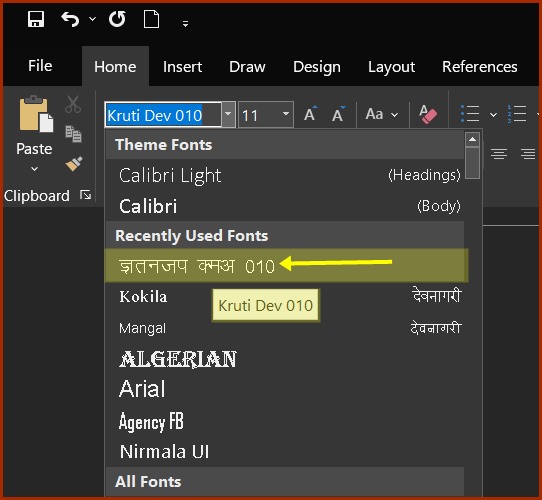 ms-word-krutidev-font-select