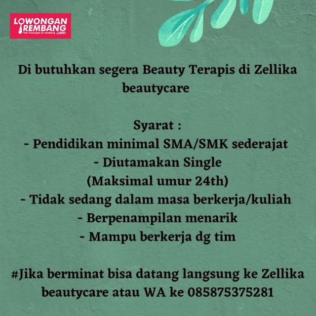 Lowongan Kerja Beauty Terapis Zellika Beautycare Rembang