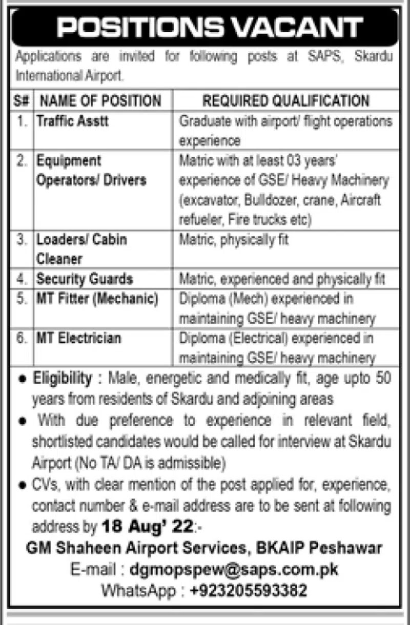 Skardu International Airport Jobs 2022 Advertisement