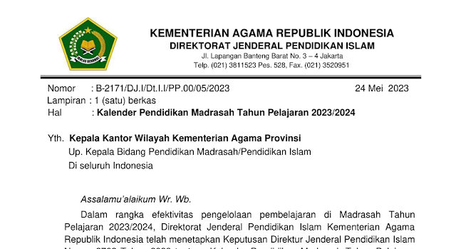 Download Kalender Pendidikan Madrasah Tahun Pelajaran 2023/2024