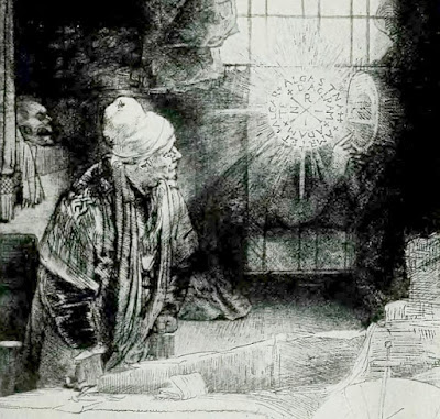 Rembrandt's etching of Dr. Faustus in his study