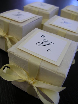 Plantable Seed Impregnated Favor Boxes with monogram tag and stain ribbon