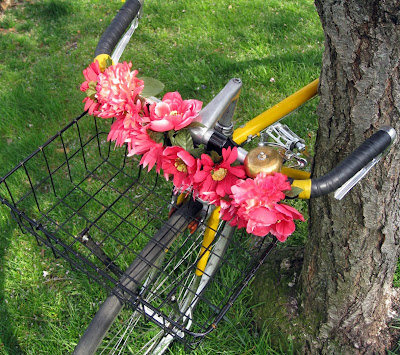 handlebar flowers on a yellow bike