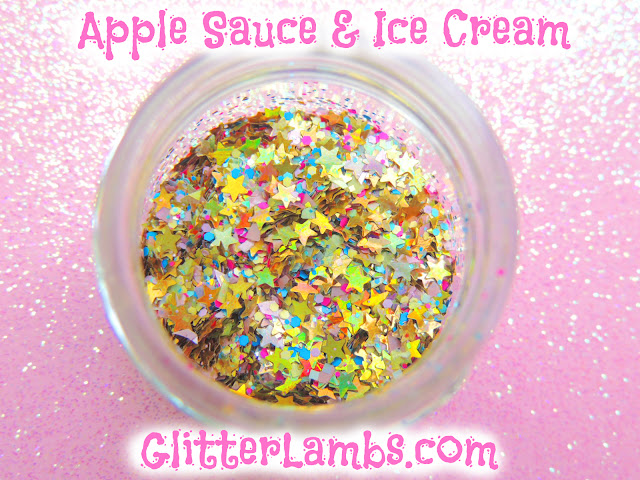 Glitter Lambs "Apple Sauce & Ice Cream" loose glitter mix has an assorted mix of holographic stars, micro pink and blue hex, yellow hex, lime green shreds, light pink shreds, and gold holographic square glitters.