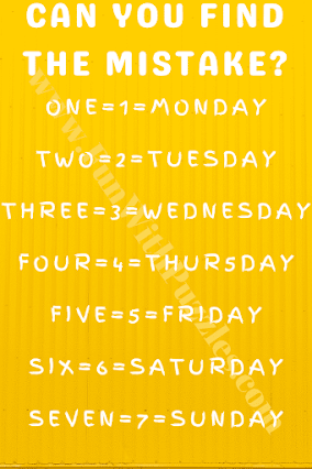 CAN YOU FIND THE MISTAKE? ONE=1=MONDAY, TWO=2=TUESDAY, THREE=3=WEDNESDAY, FOUR=4=THUR5DAY, FIVE=5=FRIDAY, SIX=6=SATURDAY, SEVEN=7=SUNDAY