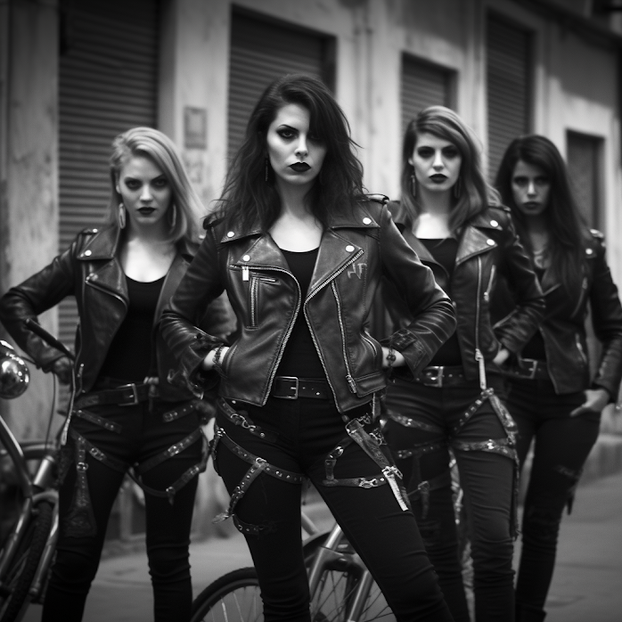 Mercenary Garage Custom Motorcycle Workshop 2024 Beautiful Girls in Leather Biker Jacket With Angry Expressions