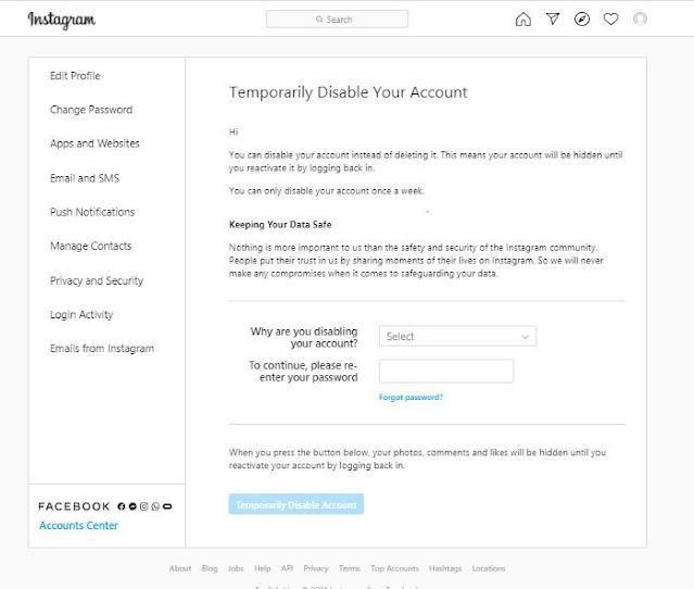 temporarily disable instagram account