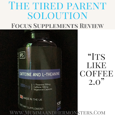 focus supplements caffiene and L-Theanine tablets in a black bottle with a blue band around the top