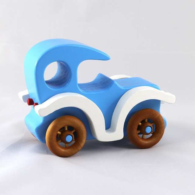 Wood Toy Car, Classic Model-T Sedan, Finished in Baby Blue, White, & Amber Shellac, Bad Bob's Custom Motors