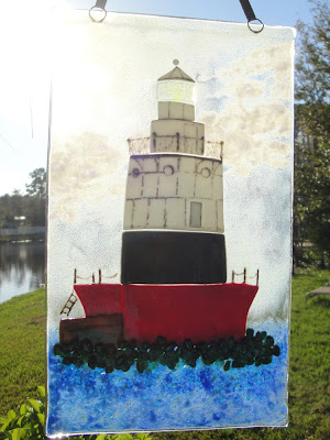 Old Orchard Lighthouse Fused Glass Window Panel Staten Island Great Kills NYC flutterbybutterfly