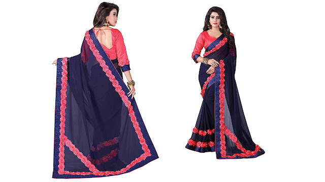 EVER NEW CREATION Women's Georgette Saree with Blouse Piece (EN22_Navy Blue_Free Size)