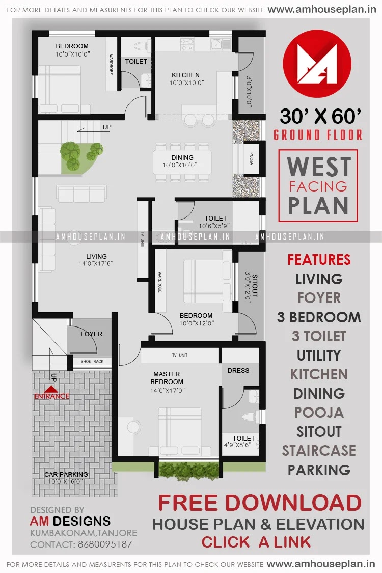 30 × 60 deluxe house plan with car parking