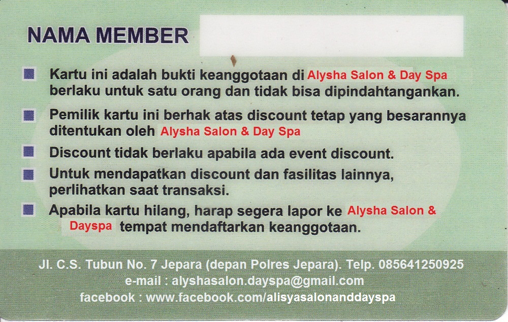 Kartu Member Alysha Salon and Day Spa ~ Alysha Salon and 