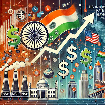 "Illustration of the effect of US interest rate cuts on Indian stock markets, with graphs showing rising BSE and NSE indices, foreign capital inflows, and business sectors gaining from investments."