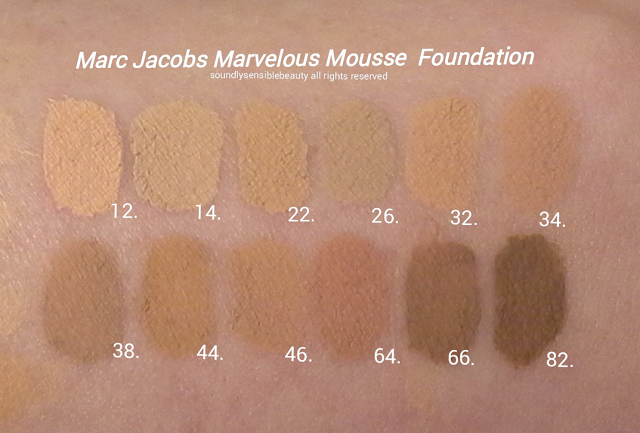 Marc Jacobs Marvelous Mousse Transformative Foundation Review & Swatches of Shades 12 Ivory, 14 Medium Ivory, 22 Light Bisque, 26 Medium Bisque, 32 Beige Light, 34 Beige Medium,  38 Beige Deep, 44 Golden Medium, 46 Golden Deep, 64 Fawn, 66 Fawn Deep, 82 Cacao, 