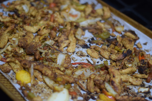 The cheap and easy sheey pan soy curl fajitas out of the oven on the sheet pan