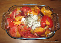peach and tomato salad with feta cheese and onions