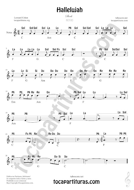 Hallelujah Partitura con Notas en Letra en español. Partituras de Flautas, Saxofón Tenor, Violín, Oboe, Trompeta, Clarinete, Corno Inglés, Corno Francés o Trompa, Saxofón Tenor o Soprano... Clave de Sol