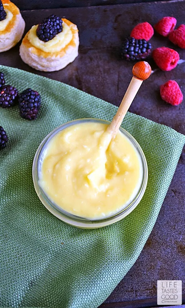 Luscious Lemon Curd | by Life Tastes Good is a creamy, tart mixture of fresh lemon juice, eggs, sugar, and butter, with a little zest thrown in for that lip-puckering lemon goodness! This is an easy dessert that tastes like summer and will impress your friends and family!