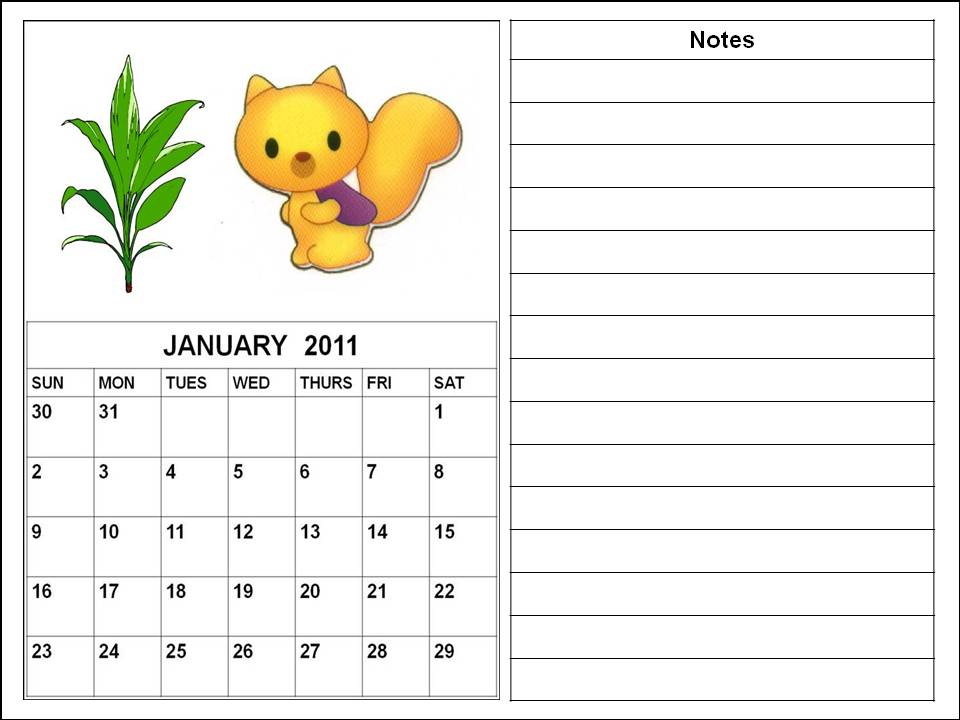 Cute Cartoon Calendar Planner 2011 January for kids or children