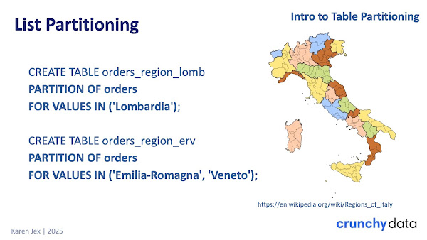 Map of regions of Italy plus the text CREATE TABLE orders_region_lomb PARTITION OF orders FOR VALUES IN ('Lombardia'); CREATE TABLE orders_region_erv PARTITION OF orders FOR VALUES IN ('Emilia-Romagna', 'Veneto');