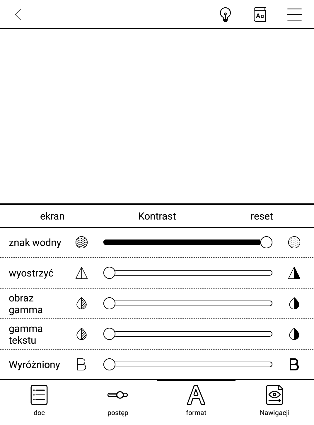 Czytnik e-booków Onyx Boox Poke 3 – zbyt wysoka wartość parametru znak wodny, powoduje efekt białej czcionki na białym tle