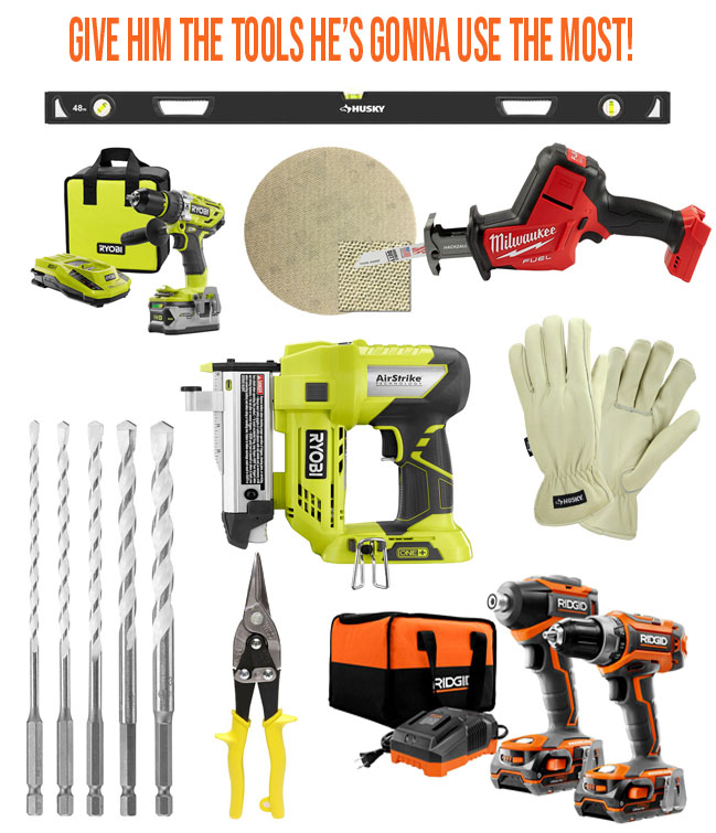 nailer, drills, gloves, tools