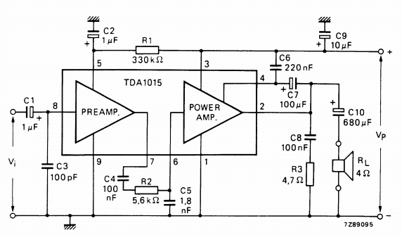 Circuit diagram TDA1015 Audio Amplifier 1x4W