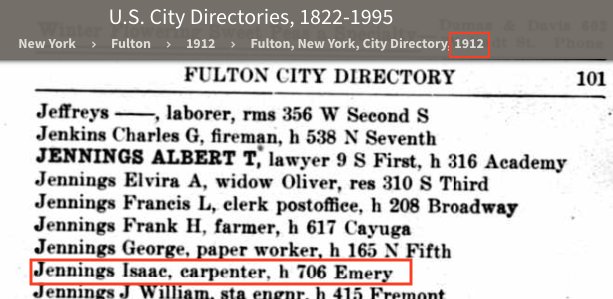 snippet of the Fulton NY city directory, 1912, showing Isaac S. Jennings, carpenter, at 706 Emery Street, Fulton, New York