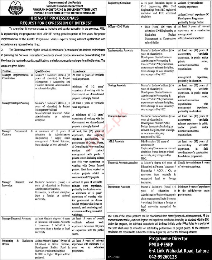 Program Monitoring and Implementation Unit Jobs 2022 Lahore