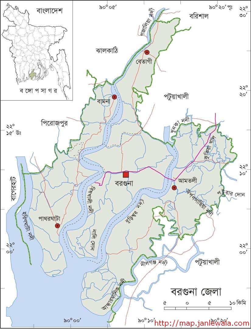 বরগুনা জেলা মানচিত্র, বরিশাল বিভাগ, বাংলাদেশ
