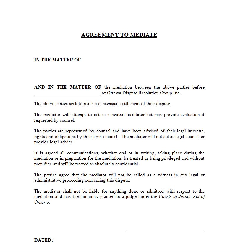 Agreement To Mediate contract form - doc  Sample 