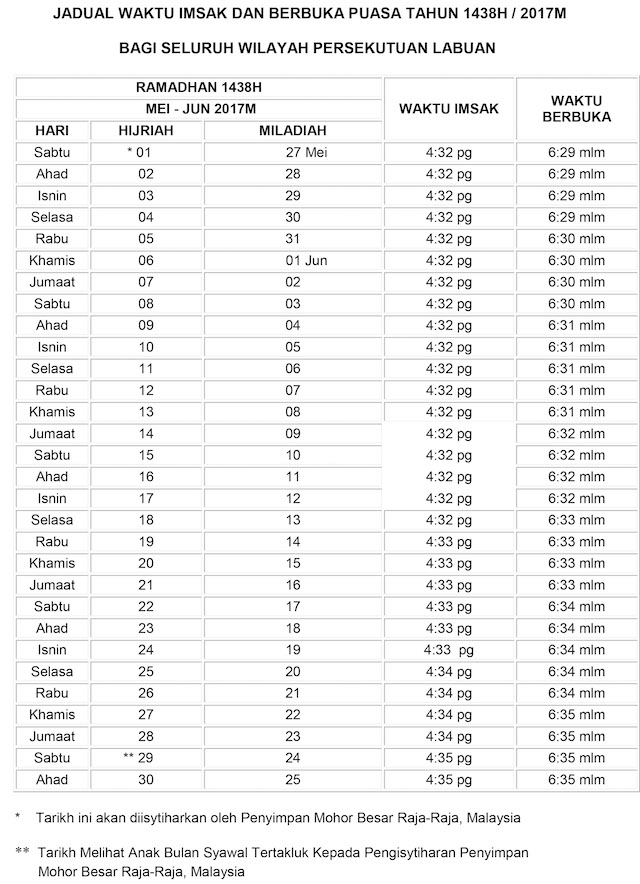 Jadual Waktu Imsak dan Berbuka 2017 - Labuan - M9 Daily 