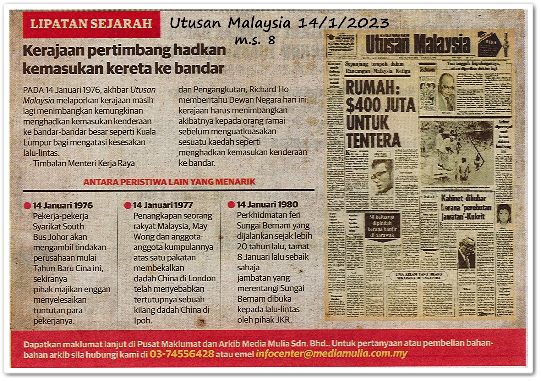 Lipatan sejarah 14 Januari - Keratan akhbar Utusan Malaysia 14 Januari 2023