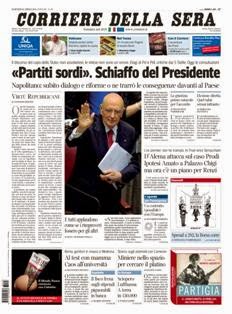 Corriere della Sera del 23 Aprile 2013 | ISSN 1120-4982 | TRUE PDF | Quotidiano | Cronaca | Politica
Il Corriere della Sera è uno storico quotidiano italiano, primo per diffusione, con 445.000 copie di media giornaliera nel luglio 2012. Ha sede a Milano ed è pubblicato da RCS MediaGroup.
Il Corriere della Sera nacque nel febbraio del 1876 quando Eugenio Torelli Viollier, direttore de La Lombardia, e Riccardo Pavesi, editore della medesima, decisero di fondare un nuovo giornale.