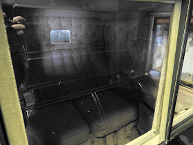 View inside a travelling chariot from the front window, National Trust Carriage Museum, Arlington Court