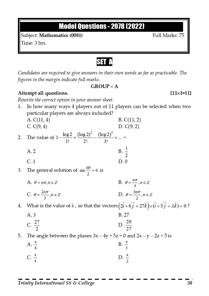 NEB-Class 12 Mathematics Model Question paper 2080 [PDF] 