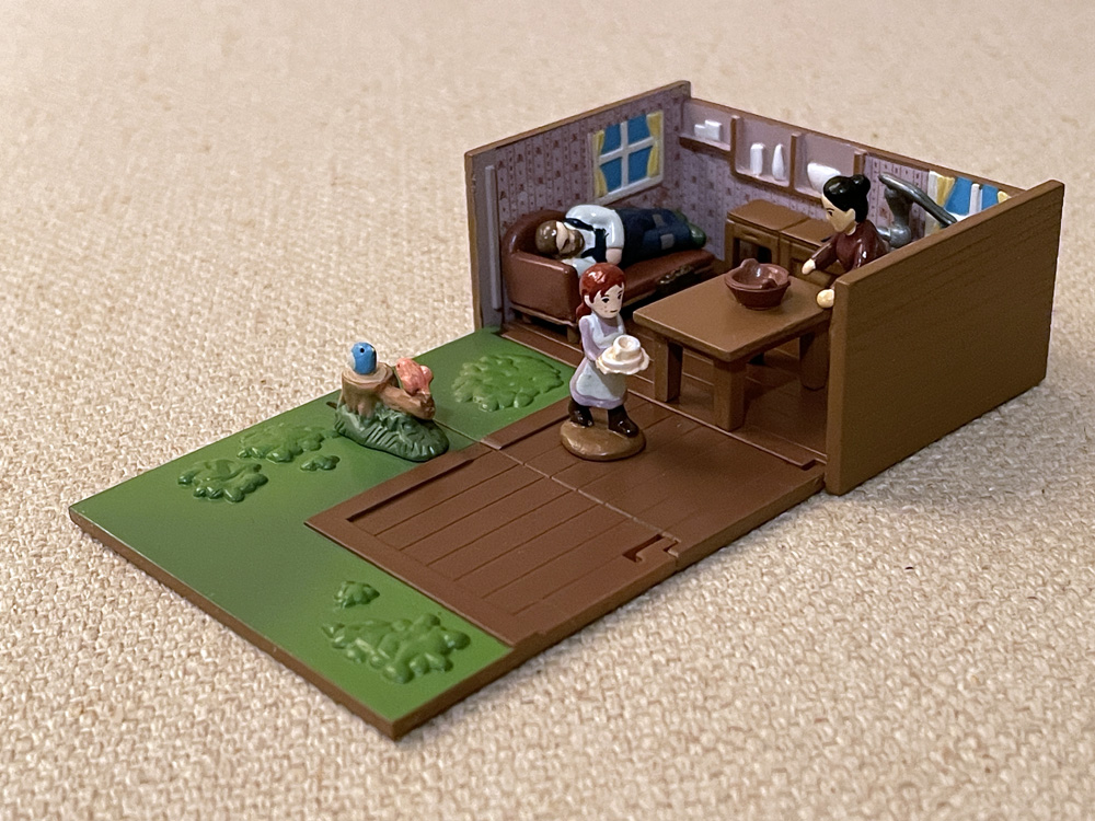 Miniature Little Anime Series World Masterpiece Theater diorama scene showing Matthew Cuthbert, Marilla Cuthbert, and Anne Shirley from Anne of Green Gables