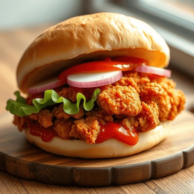 Korean Fried Chicken Burger on a wooden cutting board, showing crispy fried chicken, gochujang sauce, and pickled radish.