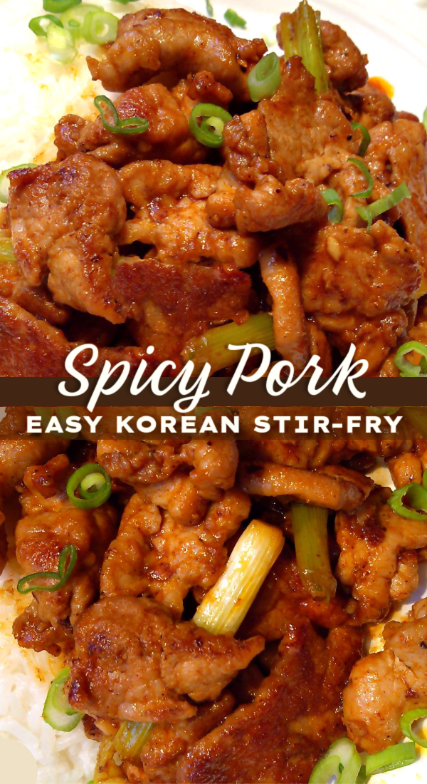 Korean Spicy Pork! A super simple stir-fry recipe with thinly sliced pork tenderloin, sriracha, soy sauce and other common ingredients perfect over rice or in lettuce wraps.