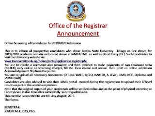 Taraba State University (TASU) Post-UTME Alert !